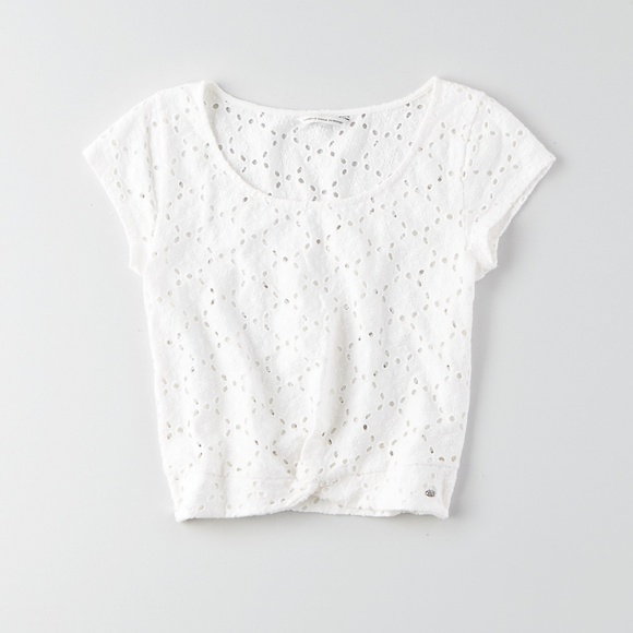 | aeo • white cropped eyelet twist top • small | - Picture 3 of 4